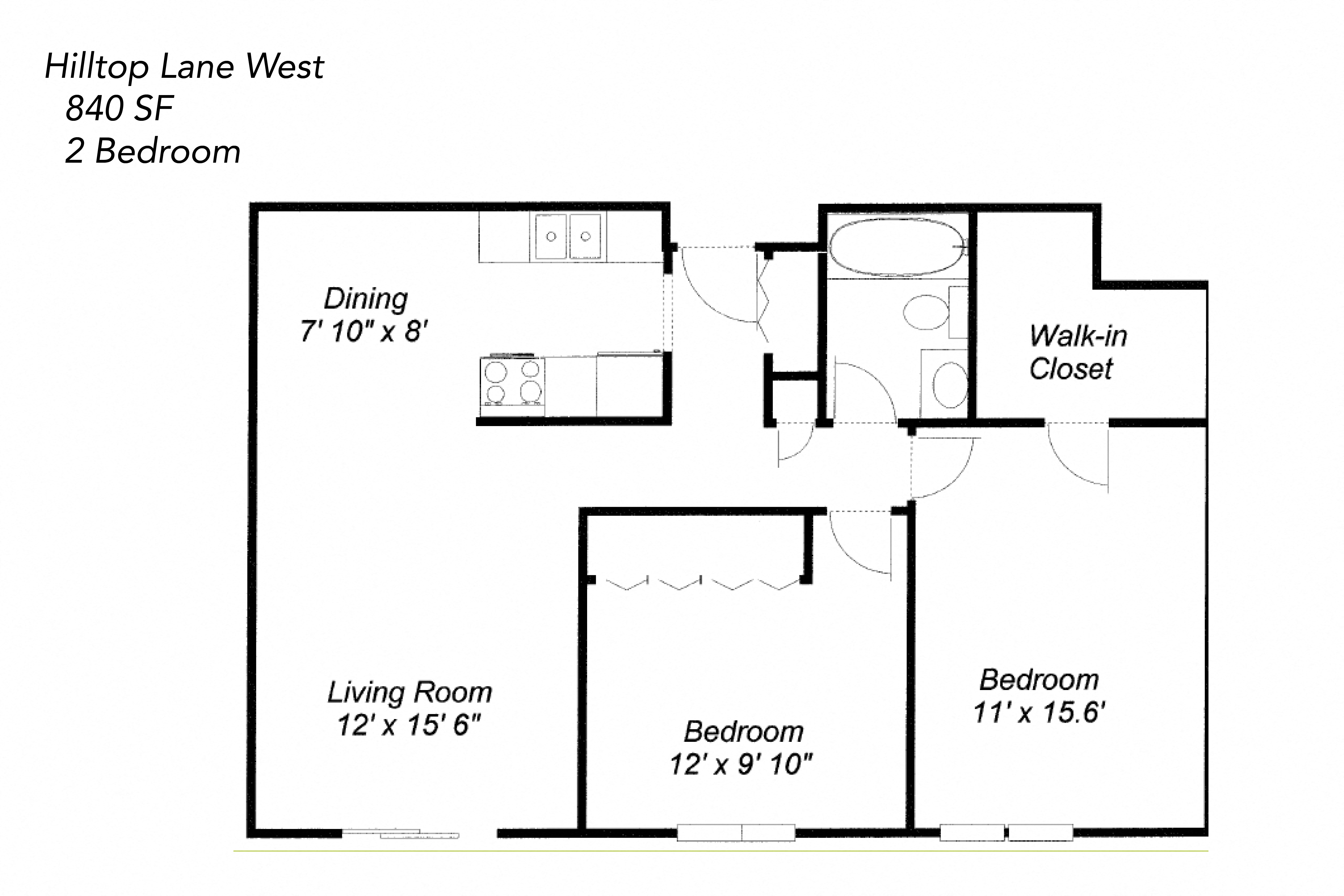 Floor plan for 2 beds, 1 bath, 840 sqft